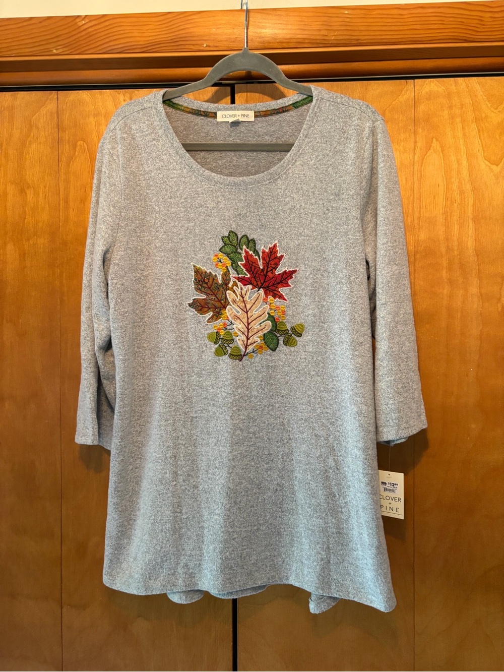 Women's Heather Gray Embroidered Fall Leaf Tunic